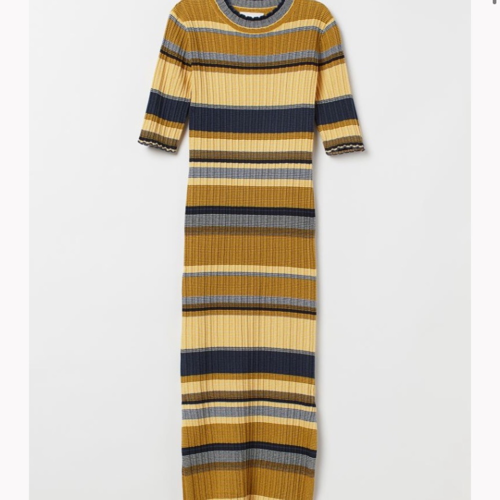 H&M Women’s Yellow Navy Striped Ribbed Sweater Dress Sz Medium